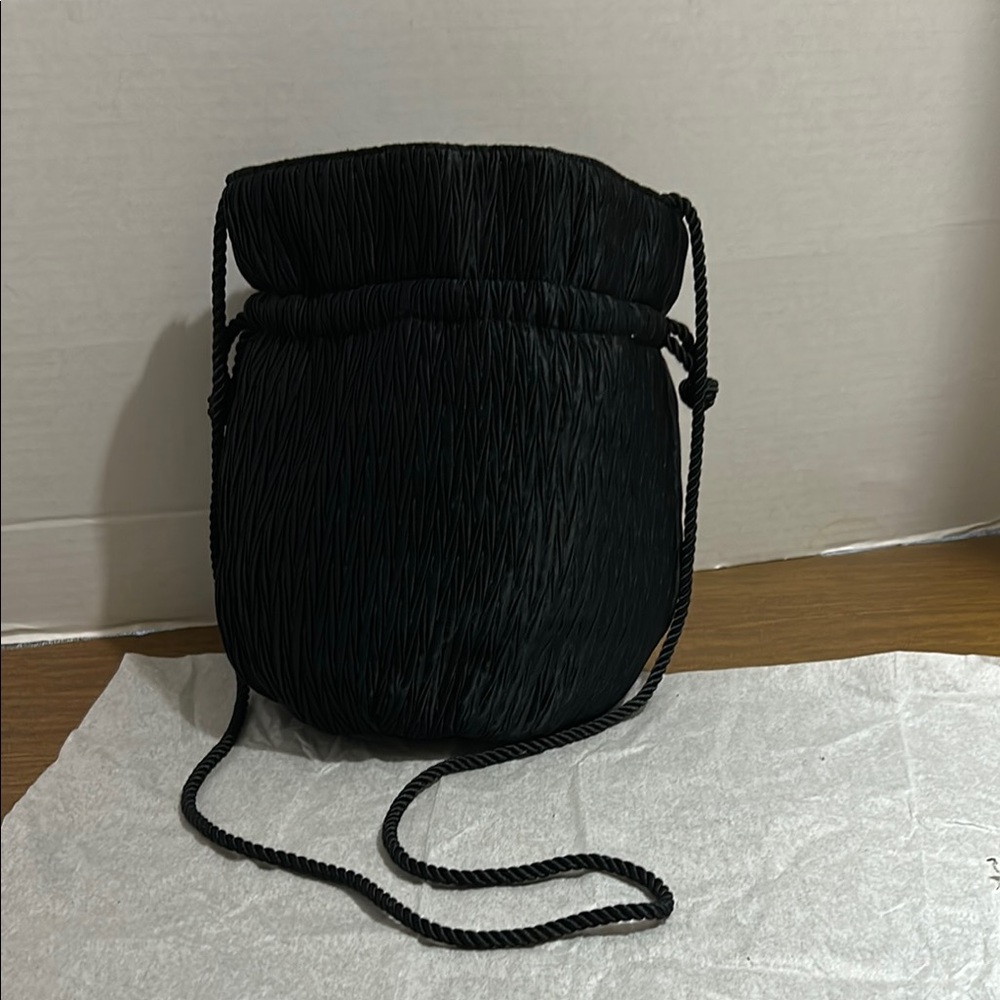 Vanessa. Black Textured Crossbody Bag with Drawstring
